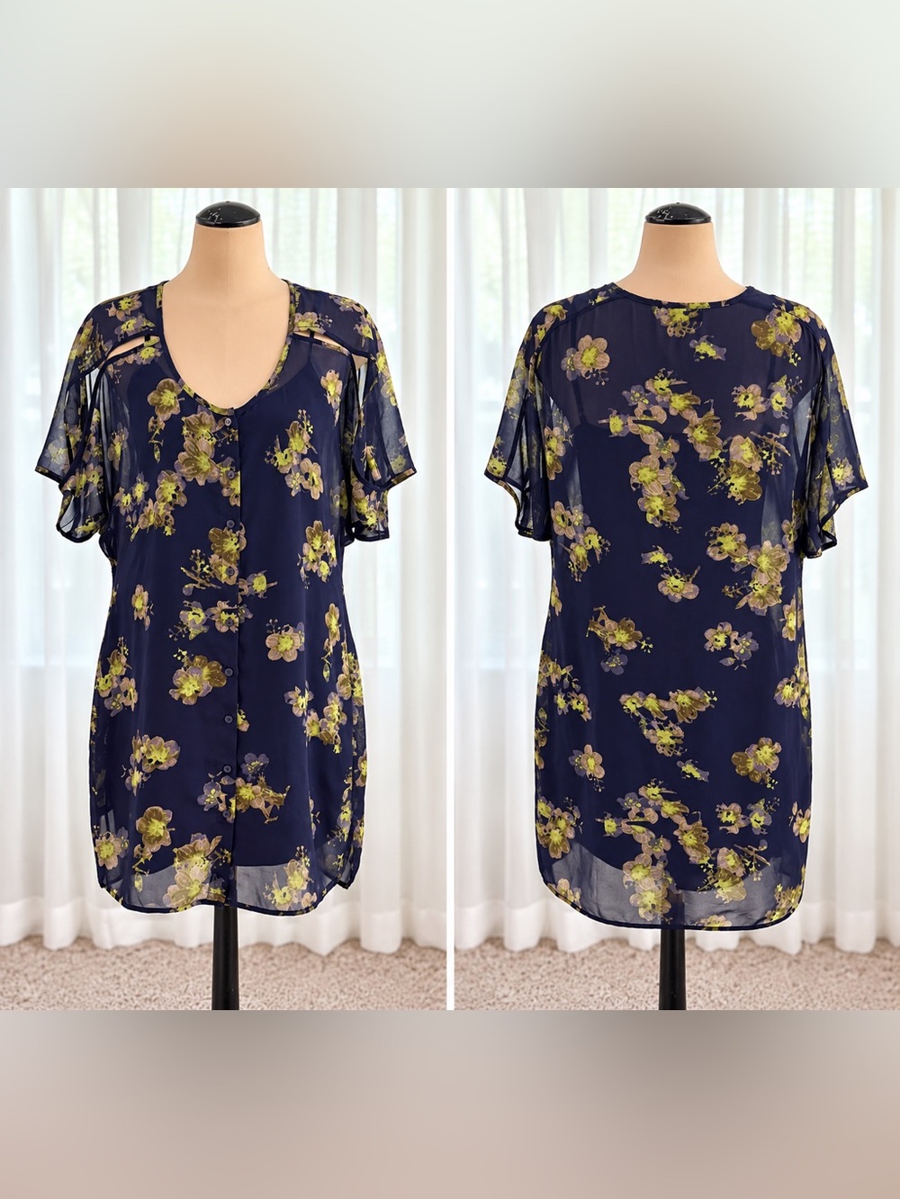 Jessica Simpson Navy Floral Button-Front Tunic
